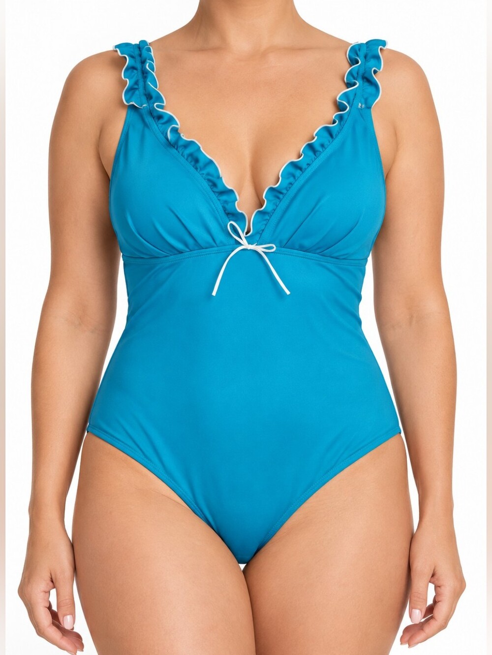 Ruffle-Trim Teal One-Piece Swimsuit with V-Neck